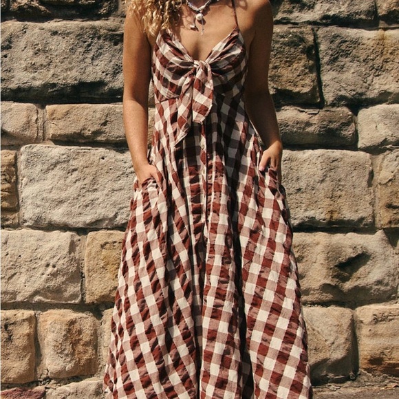 Free People Dresses & Skirts - Free People Tie-Front Brown Plaid Maxi Dress - Women's M